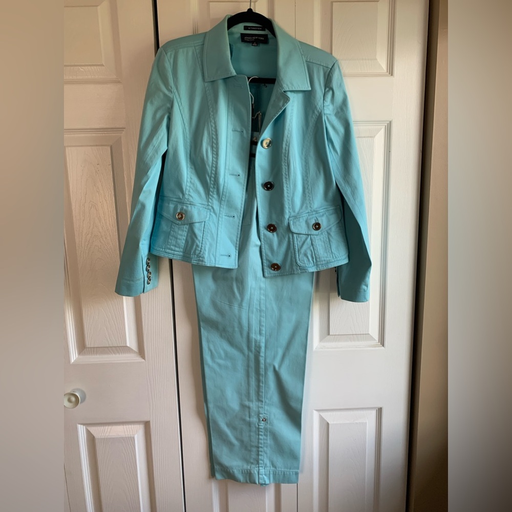 JONES NEW YORK | 10| 2 piece blazer pantsuit turquoise lightweight